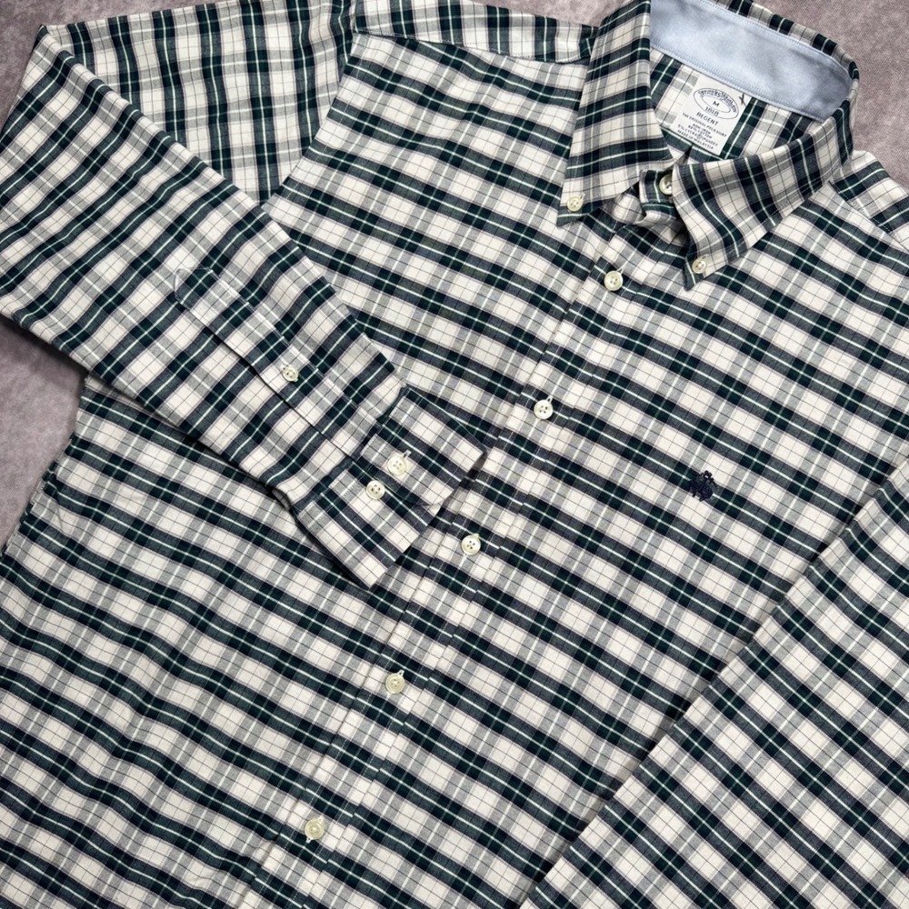 Brooks Brothers 1818 Regent Mens M Green Navy Plaid Non-Iron Stretch Shirt 843